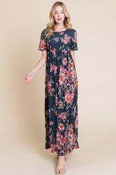BOMBOM Floral Short Sleeve Maxi Dress Floral OutfitFlow